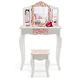 COSTWAY Kinder Schminktisch mit Hocker, 2 IN 1 Frisiertisch Schreibtisch mit dreifach klappbarem Spiegel & Abnehmbarer Platte & Schublade, Schminkkommode im Prinzessin-Stil (Zebra)