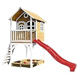 AXI Spielhaus Sarah mit Sandkasten & roter Rutsche | Stelzenhaus in Braun & Weiß aus FSC Holz für Kinder | Spielturm mit Wellenrutsche für den Garten