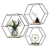 ConBlom Metall Hexagon Wandregal, Europäische Hexagon geometrische Linie Design Wand Wand Regal mit Holzregalen, für Wohnung, Arbeitszimmer, Schlafzimmer, Wohnzimmer, Flur (schwarz * 3)