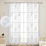 Deconovo Gardinen Schals Vorhang Leinenoptik Transparent Dekoschal Stores Gardinen schals Wohnzimmer mit Ösen Blatt, 175x140 cm(HöhexBreite), Weiß, 2er Set