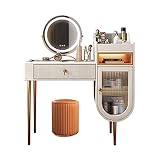 JATIBOSH Vanity Desk Set Schminktisch mit Beleuchtetem Spiegel, Schlafzimmer Aufbewahrungsschrank, mit Offenen Regalen, mit Gepolstertem Hocker füR Frauen MäDchen füR Das Schlafzimmer