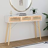 LAPOOH Konsolentisch, Couchtisch, Console Table, Beistelltisch, Sideboard, Wohnzimmertisch, Couchconsole, Flurtisch, Weiß 105x30x75 cm Massivholz Kiefer Natur-Rattan