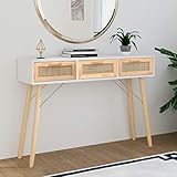 Tidyard Konsolentisch mit 3 Schubladen Konsole Beistelltisch Flurtisch Sideboard Ablagetisch Wandtisch Frisiertisch Schminktisch Massivholz Kiefer Natur-Rattan Weiß 105x30x75 cm