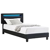 CARO-Möbel Polsterbett Benito 90x200 cm mit LED Beleuchtung, modernes Einzelbett mit verstellbarem Kopfteil, Jugendbett mit Bezug aus Lederimitat in schwarz