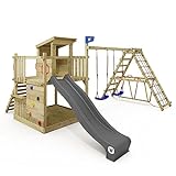 WICKEY Spielturm Klettergerüst Smart Nest mit Schaukel & Rutsche, Sandkasten, Surfswing mit Kletteranbau, Kletterwand & Spiel-Zubehör – anthrazit