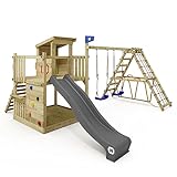 WICKEY Spielturm Klettergerüst Smart Nest mit Schaukel & Rutsche, Sandkasten, Surfswing mit Kletteranbau, Kletterwand & Spiel-Zubehör – anthrazit