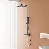 Duschsystem mit Thermostat Schwarz, YOOZENA Regendusche mit armatur, Duscheset (Duscharmatur mit Thermostat - 25 X 25 CM Kopfbrause - Duschkopf mit Schlauch und Halterung) Eckig