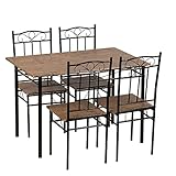 IPOTIUS Esszimmer-Set mit Esstisch und 4 Stühlen, Esstisch und Stuhl mit dunkler Holzmaserung, Schwarze Metallbeine, für Esszimmer, Küche, Wohnzimmer