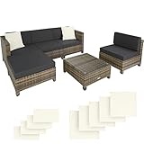 TecTake 800804 Hochwertige Poly Rattan Aluminium Lounge mit 10 cm Polsterung, inkl. Kissen und 2 Bezugssets, 2 Sessel, 2 Ecksessel, 1 Hocker, 1 Tisch mit Glasplatte (Natur | Nr. 403743)