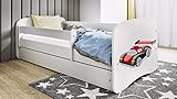 Bjird Kinderbett Jugendbett 70x140 80x160 80x180 Weiß mit Matratze Rausfallschutz Schublade und Lattenrost Kinderbetten für Mädchen und Junge - Rennwagen Motiv 160 cm