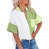 TURWXGSO Leinenbluse Damen Color Blocking Shirt Lockere Bluse Damen Sommer Elegant Mit Knöpfen Leinenhemd Baumwolle Hemdbluse Revers Blusenshirt Bequeme Leinenbluse Sommer Tops Shirt Mit Tasche