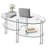 RELAX4LIFE Couchtisch aus Glas & Edelstahl, Kaffeetisch 3 Ebenen, Stabiler Beistelltisch mit ovalen Kanten, Glastisch für Wohnzimmer & Terrasse & Büro, bis zu 80 kg belastbar, Sofatisch transparent