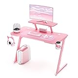 Intimate WM Heart Gaming Tisch 110cm, Ergonomischer Computertisch, Schreibtisch mit Tischplatte aus Kohlefaser, Drehbarer Headsethalter, Griffhalter und Getränkehalter, Rosa