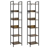 EUGAD Bücherregal mit 6 Ebenen, Standregal industriell, freistehendes Regal, Aufbewahrungsregal fürBüro Wohnzimmer Schlafzimmer Küche,mit 4 Haken, Schwarz +Vintage Holzoptik, 40x30x187cm