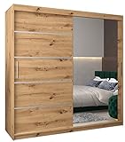 Kryspol Schwebetürenschrank Verona 2-200 cm mit Spiegel Kleiderschrank mit Kleiderstange und Einlegeboden Schlafzimmer- Wohnzimmerschrank Schiebetüren Modern Design (Artisan Eiche)