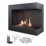 KRATKI Delta 600 Bio-Ethanol-Kamin + Kieselsteine + Trichter + Aromatherapie-Set | Wand- oder Nischeneinbau l Verglasung, Biocontainer 0,5 l, TÜV | Stahl, 48 x 60 cm, Schwarz