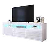 LED-TV-Schrank 160cm, moderner Hochglanz-TV-Schrank mit 2 Türen, 2 Schubladen und offenen Regalen, Sideboard für Schlafzimmer, Wohnzimmer, Wohnmöbel (Weiß)