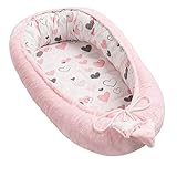 Solvera_Ltd Babynest 2seitig Kokon Plüsch+100% Baumwolle Babybett Nestchen für Neugeborene Kuschelnest Weiches und sicheres Baby-Reisebett (50x90) (Plüsch Rosa/Herzen)