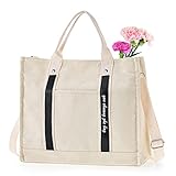 Luckits Canvas-Taschen für Frauen Canvas-Tragetaschen, Crossbody-Tasche Schulter-Handtasche mit Taschen, Hobo-Tasche Strand multifunktionale Tasche für Schule, Arbeit, Reisen (White)