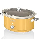 Swan Retro SF17031YELNEU Slow Cooker 6,5L Abnehmbarer Kochbehälter, PFOA- und PTFE-freier Keramischer Antihaft-Behälter, 3 Temperaturstufen, Glasdeckel, Vintage-Design, Gelb, 320W