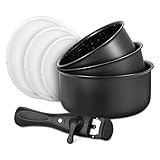 Fadware Kochgeschirr Set 7 tlg | Kochtopf Set 16+18+20 cm | 1 abnehmbarer Griff und 3 PE-Dichtungsdeckel | Induktion Kasserolle, Milchtopf für alle Herdarten | Antihaftbeschichtung | backofenfest