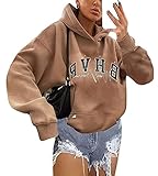 Shownicer Kapuzenpullover Für Damen Herbst Winter Hoodie Letter Print Sweatshirt Lose Casual Langarm Hip Hop Langarmshirt Pullover mit Kapuze Sport Outerwear Khaki S