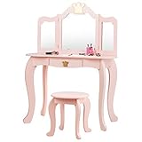 COSTWAY Kinder Schminktisch mit Hocker und Abnehmbarer Spiegel, Mädchen Frisiertisch Holz, Kindertisch mit Schublade, Spiegeltisch 80x42x105cm (Rosa)