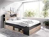 Bett mit Stauraum & Schubladen + Lattenrost + Matratze - 140 x 190 cm - Naturfarben & Anthrazit - LEANDRE