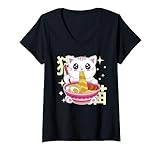 Damen Niedliche Katze Kawaii Japanisch Essen Ramen Nudeln Katzen T-Shirt mit V-Ausschnitt