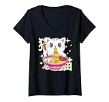 Damen Niedliche Katze Kawaii Japanisch Essen Ramen Nudeln Katzen T-Shirt mit V-Ausschnitt