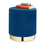 Relaxdays Samthocker mit Stauraum, rund, eleganter Polsterhocker, modern, Samt Sitzhocker, H x D 41,5 x 37 cm, blau/Gold