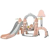 Kinderrutsche,5 in1 multifunktionale Kleinkinderrutsche mit Basketballkorb,Fußballtor,Schaukel, Kletterturm,für 2-8 Jahre Kinder (Rosa)