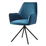 Mendler Esszimmerstuhl HWC-G67, Küchenstuhl Stuhl mit Armlehne, drehbar Auto-Position, Samt - türkis-blau, Beine schwarz