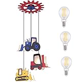 Kinderzimmer Lampen Jungen und Mädchen mit LED - Pendelleuchte 3-Flammig - Pendellampe Kinder - Kinderzimmerlampe Bagger Traktor Stapler Blau Rot Gelb - Hängelampe Babyzimmer - Bunt 120 x 55 cm