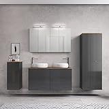 Lomadox Modernes Badmöbel Set (Badkommode mit Wäschekorb, Doppelwaschtisch, Spiegelschrank mit LED Leuchte, Hochschrank), Wotan Eiche Nb. mit Hochglanz grau, B/H/T ca. 242/200/46,1 cm