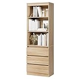 FirFurd Bücherregal mit 3 Schubladen 3 Fächern, 180 cm Hochschrank, Küchenschrank aus Holz, Mehrzweckschrank für Wohnzimmer Büro Küche, Eiche