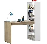 Dmora - Schreibtisch Denton, Wendeschreibtisch mit Bücherregal mit 5 Böden, Studier- oder Bürotisch für PC-Buchhalter, cm 120x53h144, Weiß und Eiche