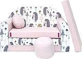 all4all Kindersofa Schlafsofa 3in1 Velo Spielsofa für Kinder Sofa zum Aufklappen Funzy Kindercouch mit Schlaffunktion Verschiedene Muster Grau Rosa Grün Tiermuster Bequem (HX1 Rosa + Igel)