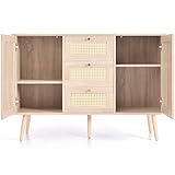120 x 40 x 82cm Eiche Rattan Kommode mit 2 Türen und 3 Schubladen Verstellbare Ablage Schubladenkommode für Flur Schlafzimmer Wohnzimmer Esszimmer