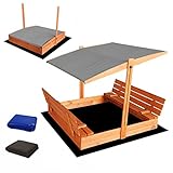 Ladanas® Sandkasten aus Holz mit Dach GRIS & wetterfester Tarpaulin Abdeckung - Sandkiste 140 x 140 cm. mit UV 50 Sonnenschutz & Faltbare Bank - Sandkästen rechteckig überdacht für Kinder