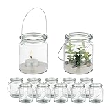 Relaxdays Windlicht Glas, 12er Set, Teelichthalter mit Henkel, HxD: 9,5 x 8 cm, runde Kerzengläser, transparent/Silber