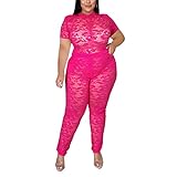 Remelon 2-teilige Outfits in Übergröße für Frauen – sexy durchsichtige Kurzarm-Tops, figurbetonte Hosen, Jumpsuit, Clubwear, rosarot, XX-Large