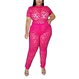 Remelon 2-teilige Outfits in Übergröße für Frauen – sexy durchsichtige Kurzarm-Tops, figurbetonte Hosen, Jumpsuit, Clubwear, rosarot, XX-Large