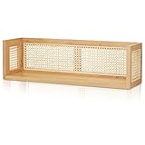 KHG Wandregal Holz Rattan Wiener Geflecht, Eiche Natur Beige, Schweberegal Regalbrett freischwebend Boho, 75x20x22 cm, Wandboard kastenförmig Massivholz furniert Dekoregal