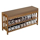 Schuhbank, Garderobenständer, Kleiderbügel, Garderobe, freistehende Schuhregalbank, 2 Regale, Schuhaufbewahrungsbank mit gepolstertem Kissensitz, Massivholz-Schuh-Organizer für Wohnzimmer, B