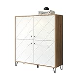 trendteam smart living Wohnzimmer Highboard Schrank Touch, 123 x 136 x 40 cm Korpus Artisan Eiche, Front Weiß Matt mit Metallfüßen und strukturierten Fronten