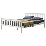 [en.casa] Holzbett 140x200cm Weiß mit Hohem Kopfteil und Lattenrost Bettgestell Bett Kiefernholz Doppelbett Jugendbett