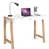 COSTWAY Schreibtisch mit Schublade, Kleiner Computertisch Schminktisch aus Holz, Bürotisch für Büro Arbeitszimmer, weiß/Eiche, 106 x 50 x 75 cm