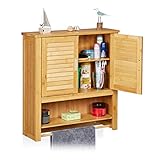 Relaxdays Hängeschrank LAMELL Bambus, mit Handtuchhalter, 3 Ablagen, 2 Türen, Badschrank, HBT: 66 x 62 x 20 cm, natur, 20x62x66 cm