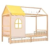 ZYLOYAL10 Hausbett, Holzbett, Einzelbett mit Stoffvorhang, Kinderbett mit Dekoration, mit Wolken- und Sternanhänger, Kiefergestell, MDF, Natur (90x200cm)